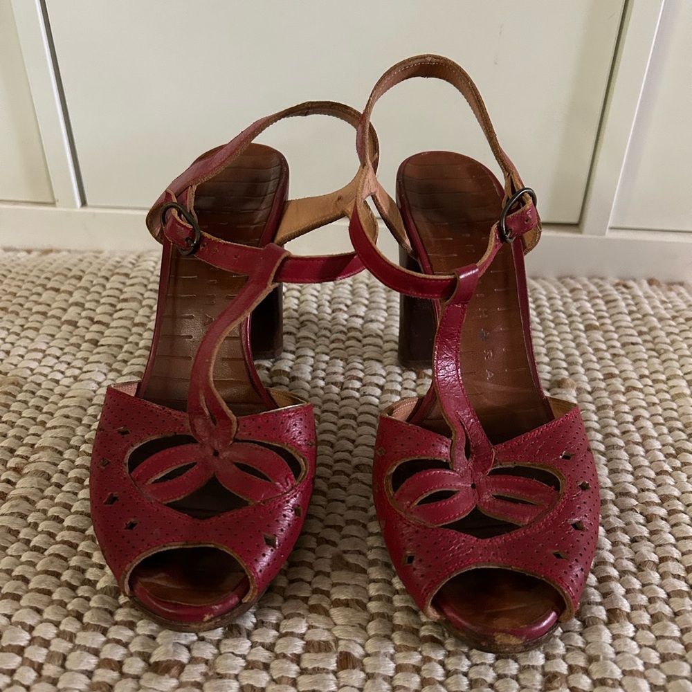 Chie Mihara Red Open-Toe Slingback Heels